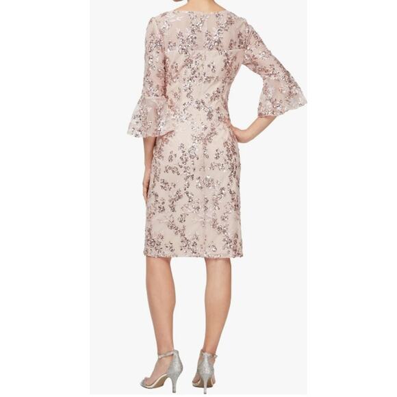 Alex Evenings Rose Gold Pink Floral Embroidered Sequin Sheath Midi Dress Sz 12 - Picture 2 of 12